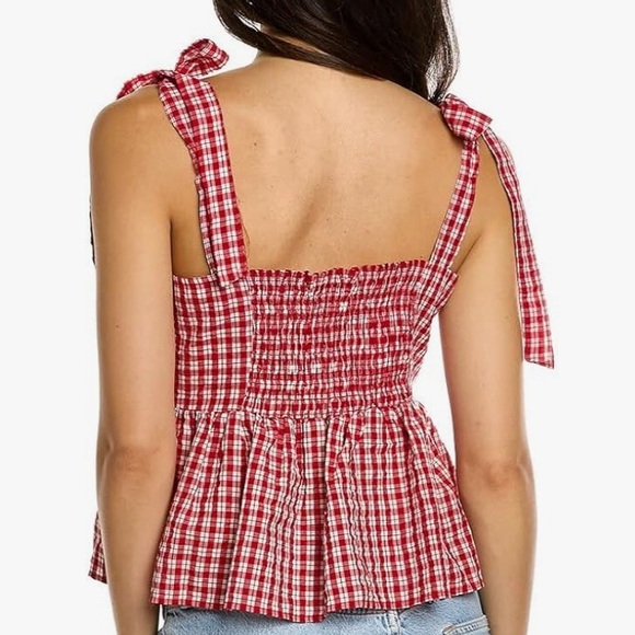 NWT MADEWELL Sleeveless Tie Shoulder Peplum Smocked Back Plaid Top Size Small - Picture 3 of 6